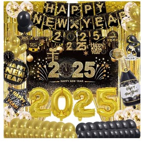 lot 7429524 image: Happy New Year Party Decoration Supplies - 2025 Backdrop Banner Fringe Curtains and Foil Balloon, Photo Booth Props, Swirls, Confetti, New Years Eve Black and Gold Decor Photography Backdrops Kit