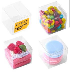 lot 7429529 image: DaYammi 100 Pack 2x2x2 inches Clear Favor Boxes - Party Favor Boxes, Clear Box, Macaron Boxes, Clear Gift Box, Clear Boxes for Treats, Candy Boxes Party Favors, Wedding Favor Boxes, Clear Plastic Box