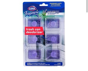 lot 7429538 image: Clorox Fraganzia Adhesive Garbage Can Air Freshener Gel, Lavender with Eucalyptus Scent - No Plug, Stick On Trash Can Deodorizer and Odor Absorber, Gel Air Fresheners for Home and Kitchen, 6 Count