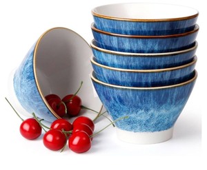 lot 7429553 image: NUTRIUPS 5 Inch Ceramic Cereal Bowl, 12oz Japanese Rice Bowl Small Bowls Set of 6, Microwave and Oven Safe, Blue