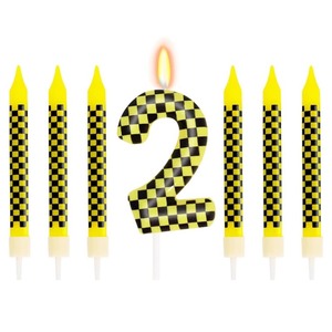 lot 7429556 image: 7 Pcs Number 2 Racing Cars Birthday Candle Set, Race Car Theme Cake Topper, Truck Themed Birthday Party Decorations, Construction Birthday Party Supplies, Black Yellow Checkered Candles