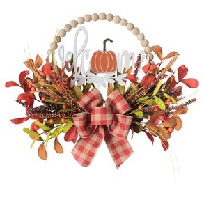 lot 7429562 image: TEMPUS 16 Autumn Artificial Wood Bead Wreath Fall Leaves Wreath Grain Harvest Half Circle Wreath for Front Door Hanging Wall Decoration Thanksgiving Home Farmhouse Decor