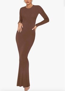 lot 7429572 image: REORIA Womens Sexy Crew Neck Lounge Long Dress Elegant Long Sleeve Ribbed Bodycon Maxi Dresses