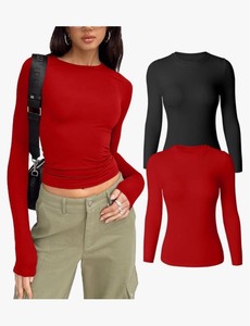 lot 7429613 image: HYZ Womens Casual Long Sleeve Crew Neck Slim Fit Going Out Seamless Two Piece Tops Tshirt M