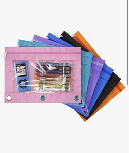 lot 7429625 image: 3 Ring Binder Pencil Pouches, Pencil Pouch for 3 Ring Binder, Zippered Clear Window Pencil Case for Binder with Rivet Enforced Hole 3 Ring, 6 Packs