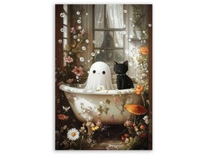 lot 7429626 image: FOTRIC Halloween Canvas Wall Art Bathroom Decor Print Poster Ghost and Black Cat in Bathtub Dark Academy Floral Art Ghost Face Bubble Bathroom Room Aesthetic Decor Unframed1624 inch