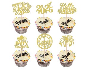 lot 7429627 image: 24 PCS 2025 Happy New Year Cupcake Toppers Glitter Balloon Fireworks Clock Hello 2025 Cupcake Picks for Cheers to 2025 Happy New Year Theme Holiday Party Cake Decorations Supplies Gold