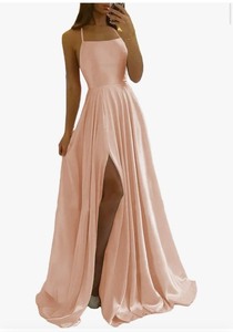 lot 7429639 image: Spaghetti Straps Satin Prom Dresses Long with Side Slit A Line Bridesmaid Dress with Pockets size 14