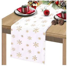 lot 7429641 image: LuoluoHouse White Faux Fur Table Runner with Golden Sequin Snowflakes, Christmas Table Runners 48 inches Long Fluffy Furry Fur Table Runner for Home Holiday Super Soft Thick Luxury Table Decorations