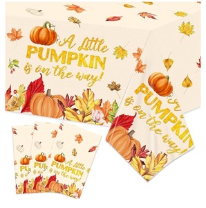 lot 7429643 image: Little Pumpkin Baby Shower Decorations 3PCS a Little Pumpkin is On The Way Tablecloth Plastic Pumpkin Table Cover for Fall 1st Birthday Party Supplies