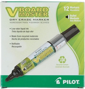 lot 7429661 image: PILOT V Board Master BeGreen Refillable Dry-Erase Markers, Bullet Tip, Black Ink, 12 Count