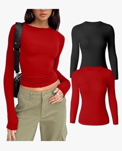 lot 7429686 image: HYZ Womens Casual Long Sleeve Crew Neck Slim Fit Going Out Seamless Two Piece Tops Tshirt BLACK AND RED