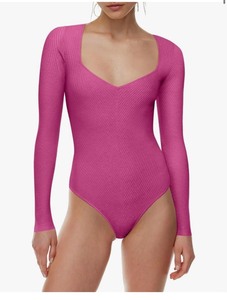 lot 7429691 image: Saslax Womens Sweater Bodysuit Square Neck Long Sleeve Ribbed Knit Body Suits Sexy Slim Fit Basic Casual Trendy Outfits Tops ROSE LARGE