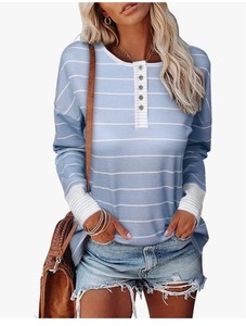 lot 7429697 image: EVALESS Long Sleeve Tops for Women Trendy Striped Button Up Tunic Shirts Loose Fit Sexy Henley Tee Blouses LARGE
