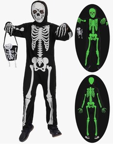 lot 7429699 image: Halloween Skeleton Costume for Kids,Both Sides Glow in The Dark, Skeleton Jumpsuit with Skeleton Bag MEDIUM