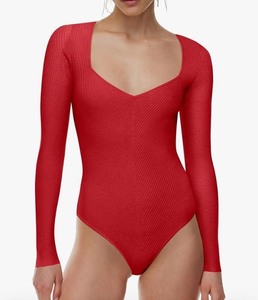 lot 7429708 image: Large Saslax Womens Sweater Bodysuit Square Neck Long Sleeve Ribbed Knit Body Suits Sexy Slim Fit Basic Casual Trendy Outfits Tops