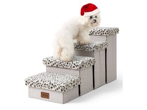 lot 7429745 image: Dog Stair for Small Dogs with Storage, Foldable Pet Stairs for Medium or Puppy Dogs and Older Cats, Dog Steps for Bed or Couch, Dog Ramp with Soft Cover, 33x13x17.7 inch, 4 Tiers, Leopard