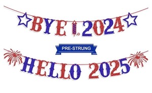 lot 7429746 image: Giflloon Bye 2024 Hello 2025 Banner, No DIY Patriotic Happy New Year Banner for Happy New Year Decorations 2025, New Year Eve Party Supplies 2025, Red Blue