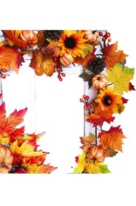 lot 7429773 image: Winlyn Fake Fall Maple Leaf Garland Hanging Vine- 6 Feet - Artificial Berries Sunflower Pumpkin Autumn Decoration for Wedding Party Thanksgiving Dinner Fireplace Door Frame Doorway Backdrop Decor