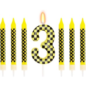 lot 7429799 image: 7 Pcs Number 3 Racing Cars Birthday Candle Set, Race Car Theme Cake Topper, Truck Themed Birthday Party Decorations, Black Yellow Checkered Candles