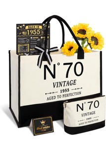 lot 7429809 image: 70th Birthday Gifts for Women Canvas Tote Bag, Unique 70 Years Old Gifts for Wife Sister Mom Aunt Friends Her, Vintage N°70 Beach Bag & Cosmetic Bag & Back in 1955 Poster
