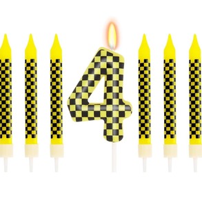 lot 7429820 image: 7 Pcs Number 4 Racing Cars Birthday Candle Set, Race Car Theme Cake Topper, Truck Themed Birthday Party Decorations, Black Yellow Checkered Candles