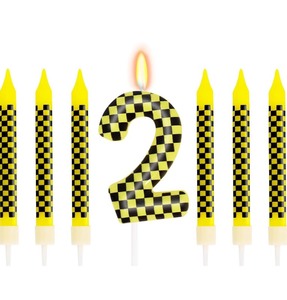 lot 7429821 image: 7 Pcs Number 2 Racing Cars Birthday Candle Set, Race Car Theme Cake Topper, Truck Themed Birthday Party Decorations, Construction Birthday Party Supplies, Black Yellow Checkered Candles