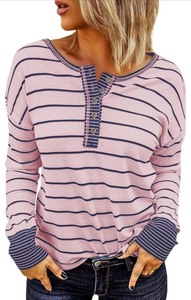 lot 7429837 image: EVALESS Long Sleeve Tops for Women Trendy Striped Button Up Tunic Shirts Loose Fit Sexy Henley Tee Blouses