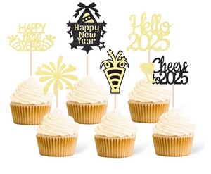 lot 7429849 image: Gexolenu 24 Pcs Happy New Year Cupcake Toppers Hello 2025 Cupcake Picks Glitter Black Cheers To 2025 Fireworks Cake Picks For New Year Eve Party Decoration Supply