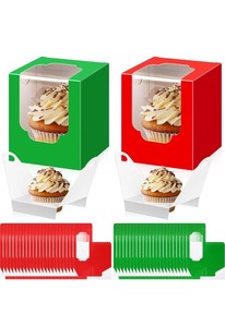 lot 7429864 image: 100 Pcs Christmas Cupcake Boxes Individual with Window Insert Red Green Cupcake Container Christmas Cookie Boxes Single Pastry Holders for Xmas Bakery Treat Gifts Box, 3.62 x 3.62 x 4.33