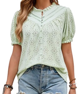 lot 7429876 image: Womens Summer Tops Dressy Casual Short Lantern Sleeve Blouses V Neck Buttons Lace Eyelet Tops Shirts 2024