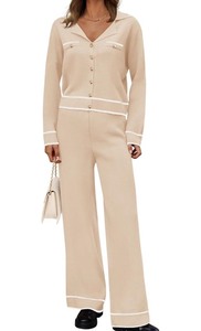 lot 7429877 image: ZESICA Womens Fall Knit Two Piece Outfits Casual Long Sleeve V Neck Sweater Shirts and Wide Leg Pants Matching Lounge Sets