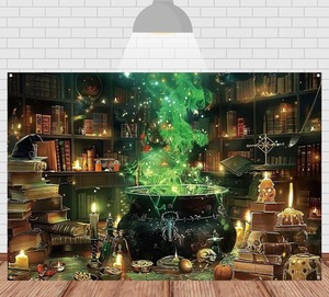 lot 7429879 image: Halloween Photography Backdrop Banner 9 ft x 6 ft Witches Backdrop Banner with Witch Cauldron Bookshelf Spooky Room Party Decoration Background for Halloween Costume Party
