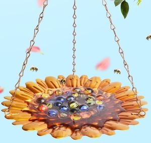 lot 7429880 image: Bee Watering Station with Colorful Glass Marbles,Bee Cup for Thirsty Pollinators,Sunflower Patterned Iron Garden Decor-Hanging Bee Feeder