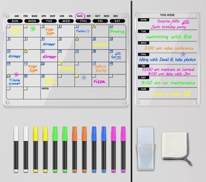 lot 7429881 image: 2 Pack Acrylic Magnetic Dry Erase Board Calendar for Fridge, Clear Monthly and Weekly Schedule Responsibility Chore Chart for Kids Teens Family, w 12 Markers & 1 Towel, 16x12 & 8x12