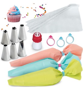lot 7429916 image: BAKETIVITY Frosting Piping Bags and Tips Set for Decorating Cakes, Cupcakes & More - Frosting Piping Kit with 3 Reusable & 30 Disposable Icing Bags, 6 Piping Tips, 3 Bag Ties & 1 Duo-Color Coupler