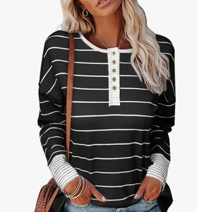 lot 7429940 image: EVALESS Long Sleeve Tops for Women Trendy Striped Button Up Tunic Shirts Loose Fit Sexy Henley Tee Blouses