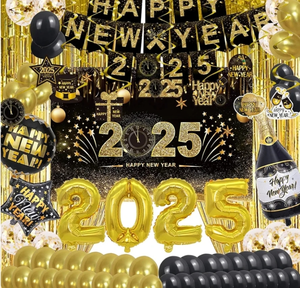 lot 7429943 image: Happy New Year Party Decoration Supplies - 2025 Backdrop Banner Fringe Curtains and Foil Balloon, Photo Booth Props, Swirls, Confetti, New Years Eve Black and Gold Decor Photography Backdrops Kit
