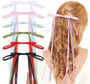 lot 7429946 image: 6pcs Hair Bow Clips for Women, Long Tail Tassel Bowknot Hair Ribbons Barrettes for Girls, Solid Silky Satin Ponytail Holder Hair Accessories