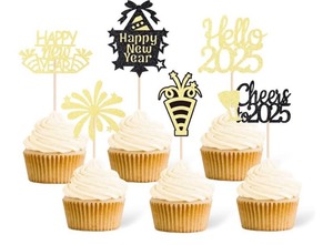 lot 7429953 image: Gexolenu 24 Pcs Happy New Year Cupcake Toppers Hello 2025 Cupcake Picks Glitter Black Cheers To 2025 Fireworks Cake Picks For New Year Eve Party Decoration Supply
