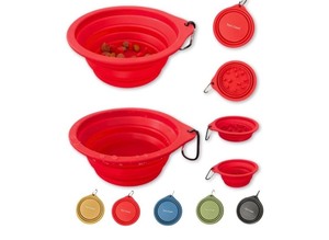 lot 7429956 image: Titos Closet Dog Travel Bowl 2-Pack, Includes Collapsible Water Bowl for Dogs and Slow Feeder, 100% Silicone, Leak Proof, 20 Ounces, Red