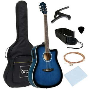 lot 7429970 image: Best Choice Products Beginner Acoustic Electric Guitar Starter Set 41in w All Wood Cutaway Design Case - Blue