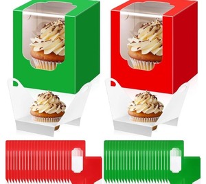 lot 7429974 image: 100 Pcs Christmas Cupcake Boxes Individual with Window Insert Red Green Cupcake Container Christmas Cookie Boxes Single Pastry Holders for Xmas Bakery Treat Gifts Box, 3.62 x 3.62 x 4.33