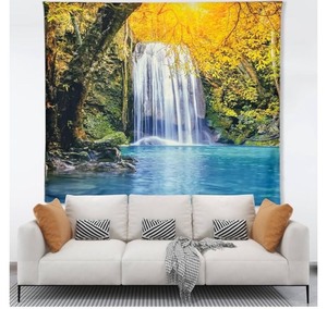 lot 7429996 image: Waterfall Tapestry, Mountain and Forest Creek Tree Tapestry, Natural Landscape Rainforest Wall Hanging, Bedroom, Living Room, Dormitory Home Decor with Nails.