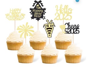 lot 7429707 image: Gexolenu 24 Pcs Happy New Year Cupcake Toppers Hello 2025 Cupcake Picks Glitter Black Cheers To 2025 Fireworks Cake Picks For New Year Eve Party Decoration Supply
