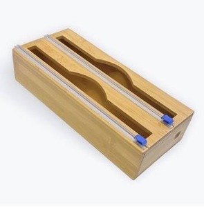 lot 90 image: 2-in-1 Foil and Plastic Wrap Organizer and Dispenser with Cutter for Kitchen Drawer Organization, Bamboo