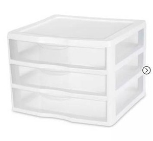 lot 116 image: Sterilite Clear Plastic Stackable Small 3 Drawer Storage System for Home Office, Dorm Room, or Bathrooms. 9.6H x 11W x 13.5D