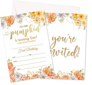 lot 56123 image: Fall Pumpkin First Birthday Invitation Set