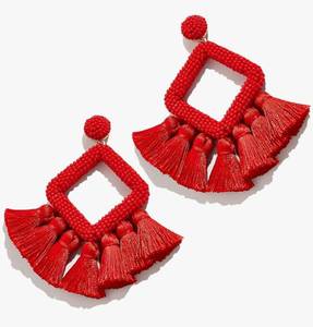 lot 56445 image: Red Square Beaded Tassel Drop Earrings