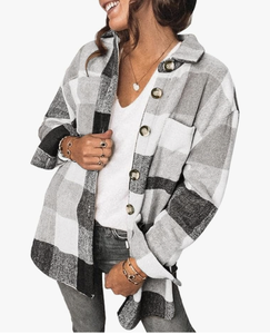 lot 56299 image: SHEWIN Womens Long Sleeve Plaid Shirts Flannel Lapel Button Down Shacket Jacket Coats Size M